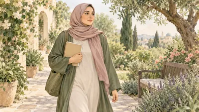 رسم مائي لامرأة محجبة تمشي بهدوء في حديقة وتحمل دفتر أسئلة للمتابعة الصحية