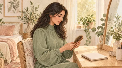 رسم لامرأة بملابس محتشمة تتأمل فرشاة شعر قرب دفتر في غرفة هادئة