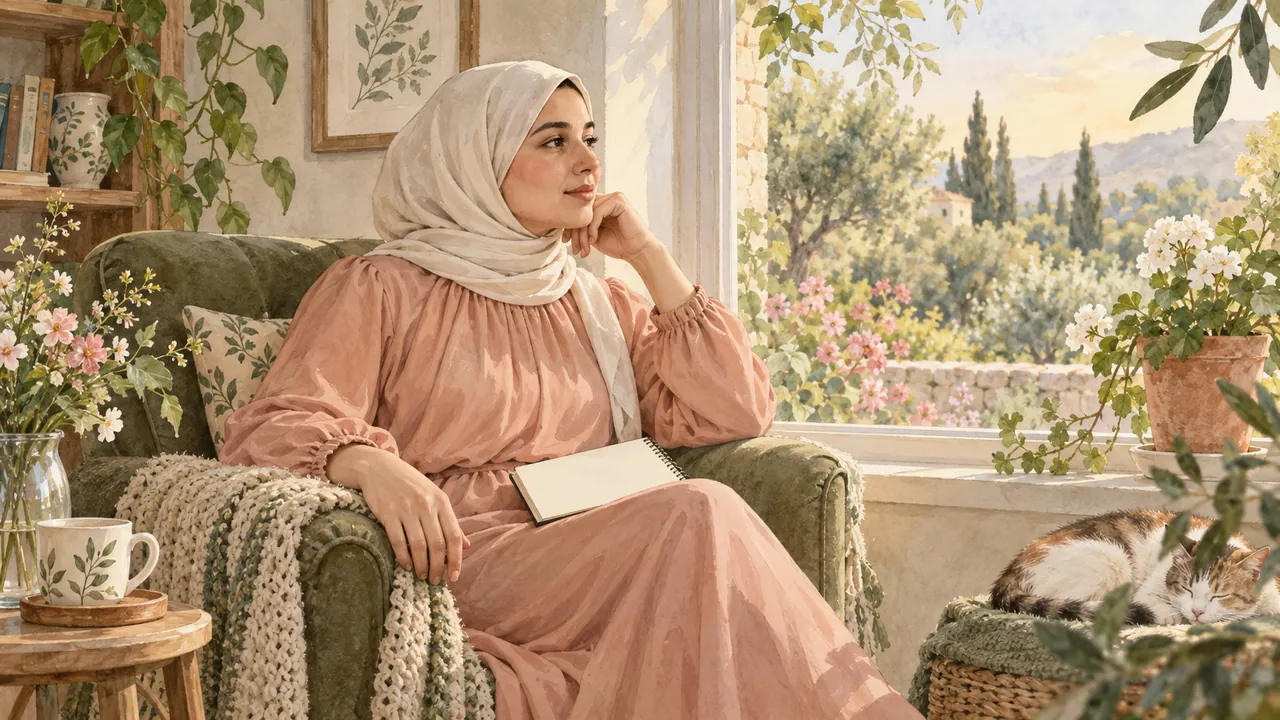 رسم مائي لامرأة محتشمة تجلس بهدوء قرب نافذة حديقة وتحمل دفتر أسئلة