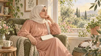 رسم مائي لامرأة محتشمة تجلس بهدوء قرب نافذة حديقة وتحمل دفتر أسئلة