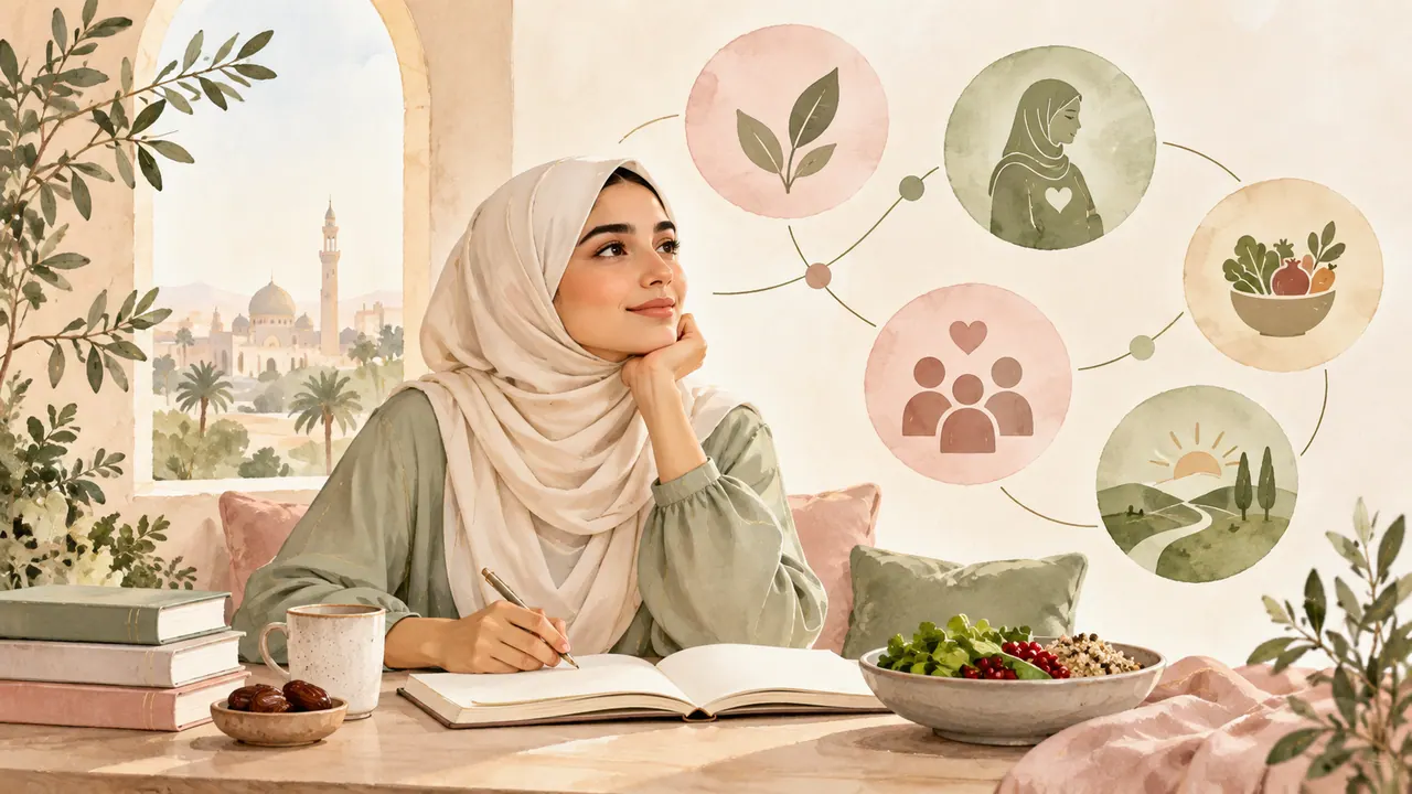 رسم مائي لامرأة محجبة تتأمل دفتر أسئلة في مساحة هادئة بألوان كريمية وزيتونية
