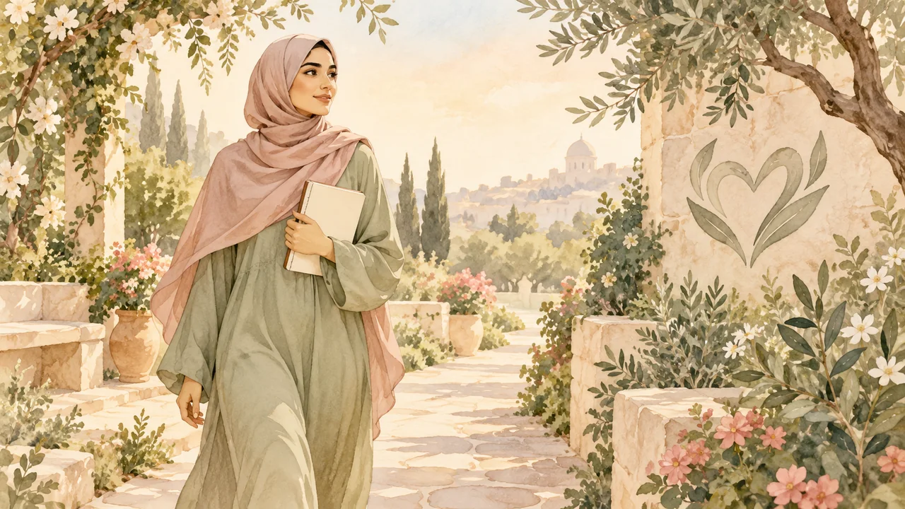 رسم مائي لامرأة محجبة تمشي في حديقة هادئة تحمل دفتر متابعة صحية مع رمز قلب نباتي بسيط