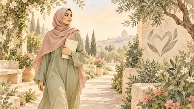 رسم مائي لامرأة محجبة تمشي في حديقة هادئة تحمل دفتر متابعة صحية مع رمز قلب نباتي بسيط