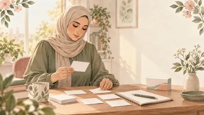رسم مائي لامرأة محتشمة ترتب بطاقات أسئلة فارغة قرب دفتر وعبوة غير موسومة