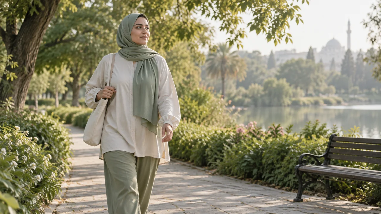 امرأة محجبة بملابس محتشمة فضفاضة تمشي بهدوء في حديقة خضراء صباحاً