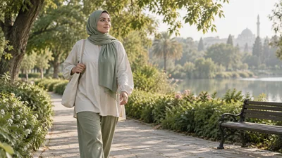 امرأة محجبة بملابس محتشمة فضفاضة تمشي بهدوء في حديقة خضراء صباحاً