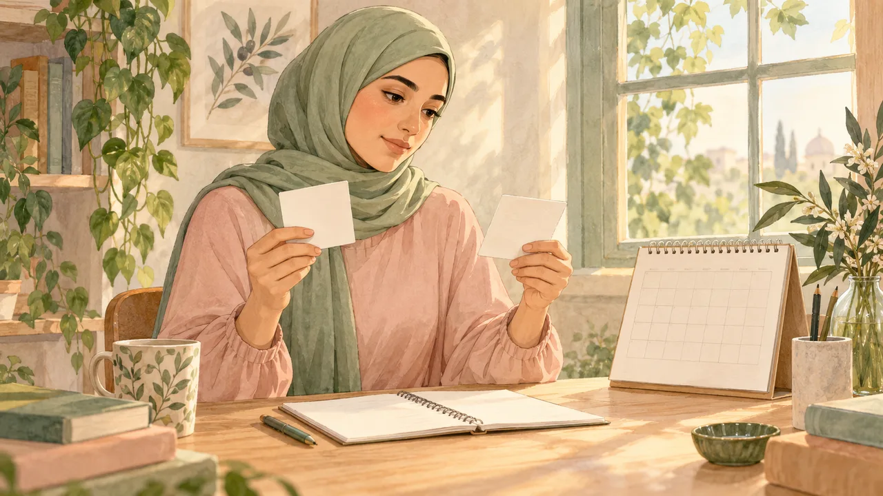 رسم مائي لامرأة محتشمة تتأمل بطاقتين قرب تقويم فارغ ودفتر لكتابة أسئلة خيارات التكيس