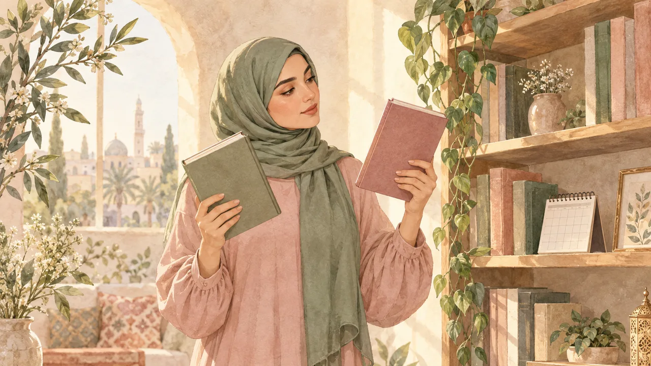 رسم مائي لامرأة محجبة تختار بين كتابين بجوار تقويم في مكتبة مضاءة بهدوء بألوان كريمية وزيتونية