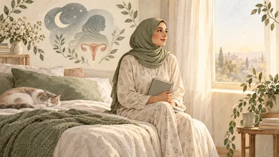 رسم بألوان مائية لامرأة محجبة تحمل دفتراً قرب نافذة غرفة نوم في ضوء الصباح