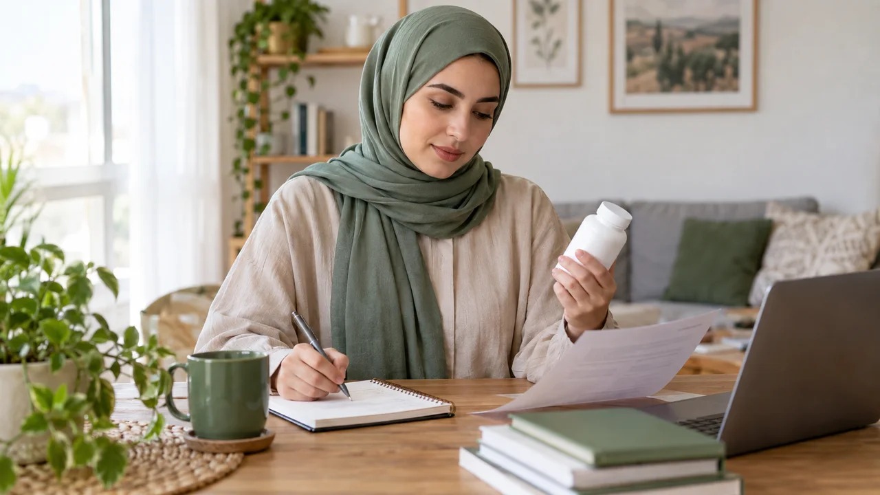 امرأة محجبة تفحص عبوة مكمل بلا علامة وتكتب أسئلة في دفتر على مكتب منزلي