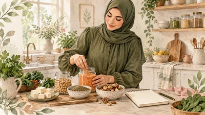 رسم مائي لامرأة محجبة ترتب العدس والحمص والتوفو والمكسرات بجوار دفتر تخطيط وجبات
