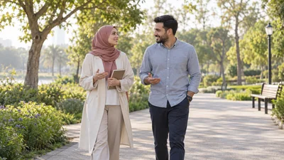 زوجان بملابس محتشمة يتحدثان أثناء المشي في حديقة وتحمل المرأة دفتراً صغيراً