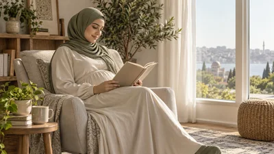 امرأة حامل بفستان طويل محتشم تقرأ دفتراً قرب نافذة مضاءة