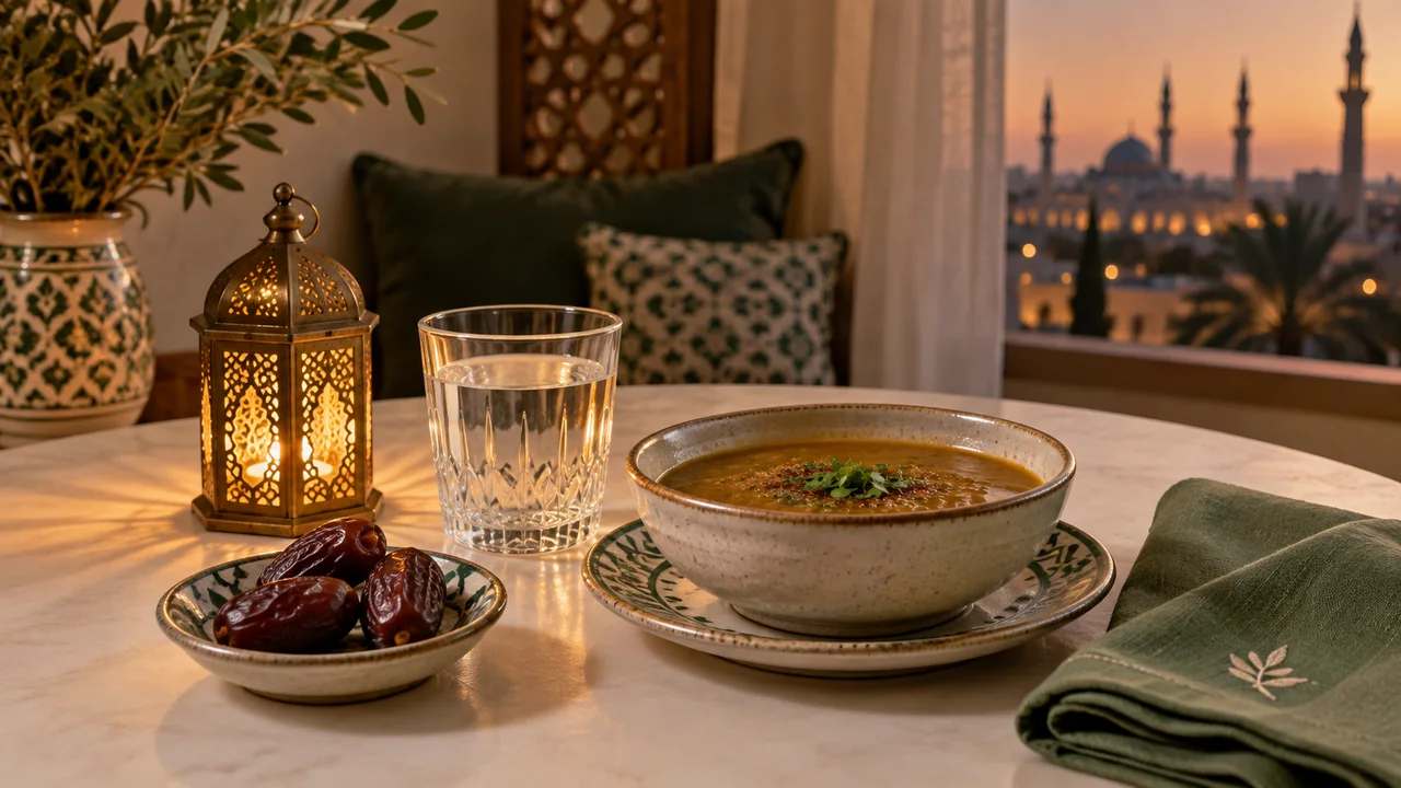 فانوس مع ماء وتمر وشوربة على مائدة الإفطار