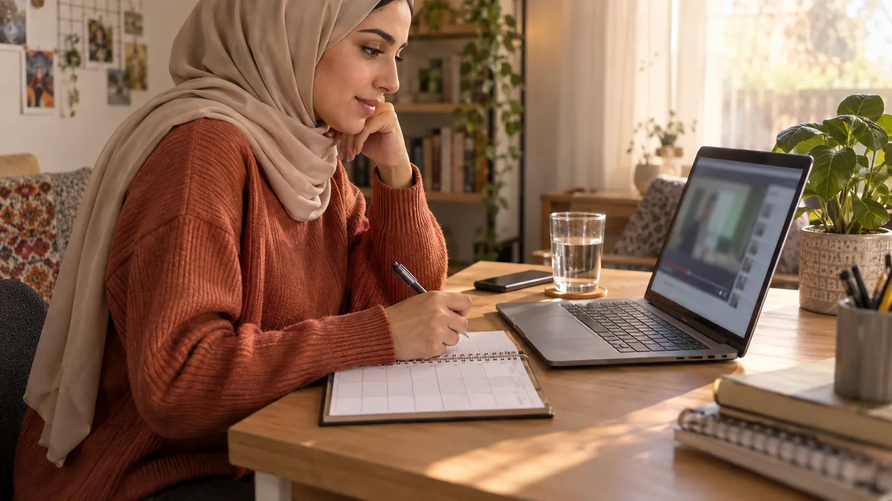 امرأة محجبة تتابع درساً على حاسوب محمول وتدوّن ملاحظات في مفكرة على مكتب منزلي