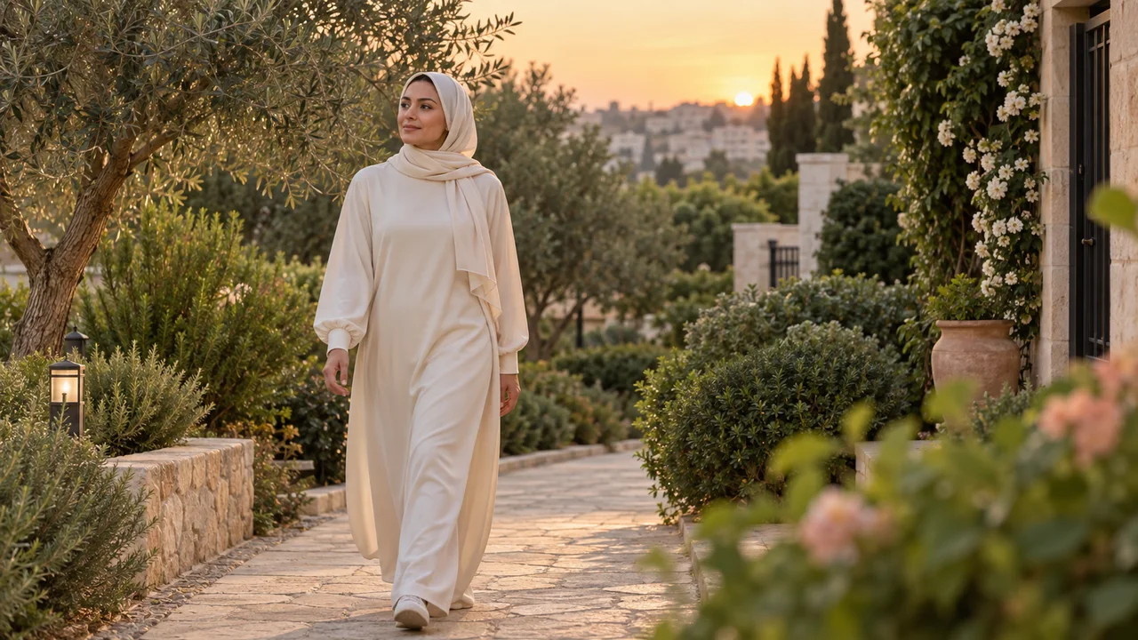 امرأة بملابس محتشمة تمشي بهدوء في ممر حديقة قرب المنزل وقت المساء