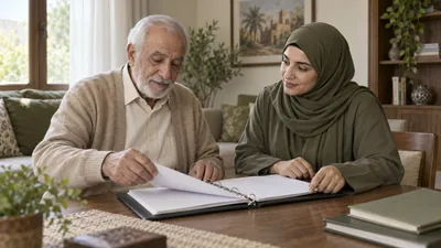 رجل كبير في السن وابنته المحجبة يرتبان ملف الرعاية في غرفة هادئة دون طعام أو شراب