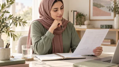 امرأة محجبة تراجع تقرير تحاليل غير مقروء بجوار دفتر في مكان هادئ ومضيء