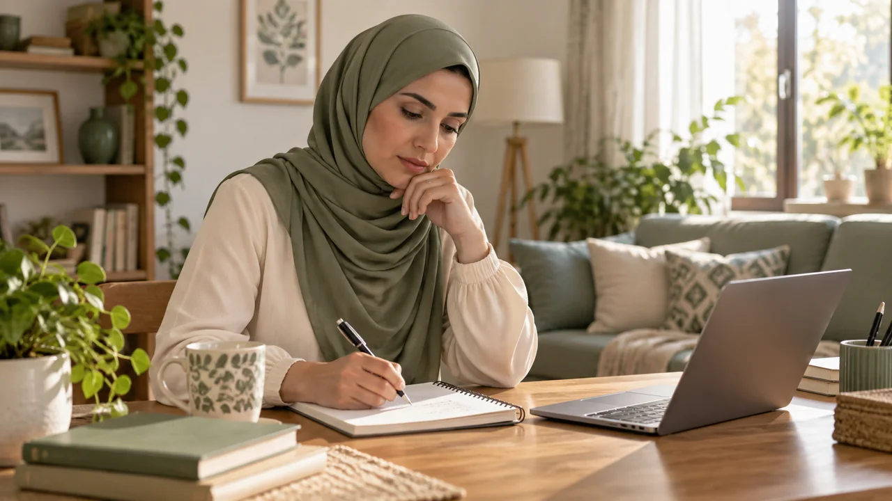 امرأة محجبة تراجع أسئلتها الصحية في دفتر بجوار حاسوب داخل غرفة منزلية مضاءة بهدوء