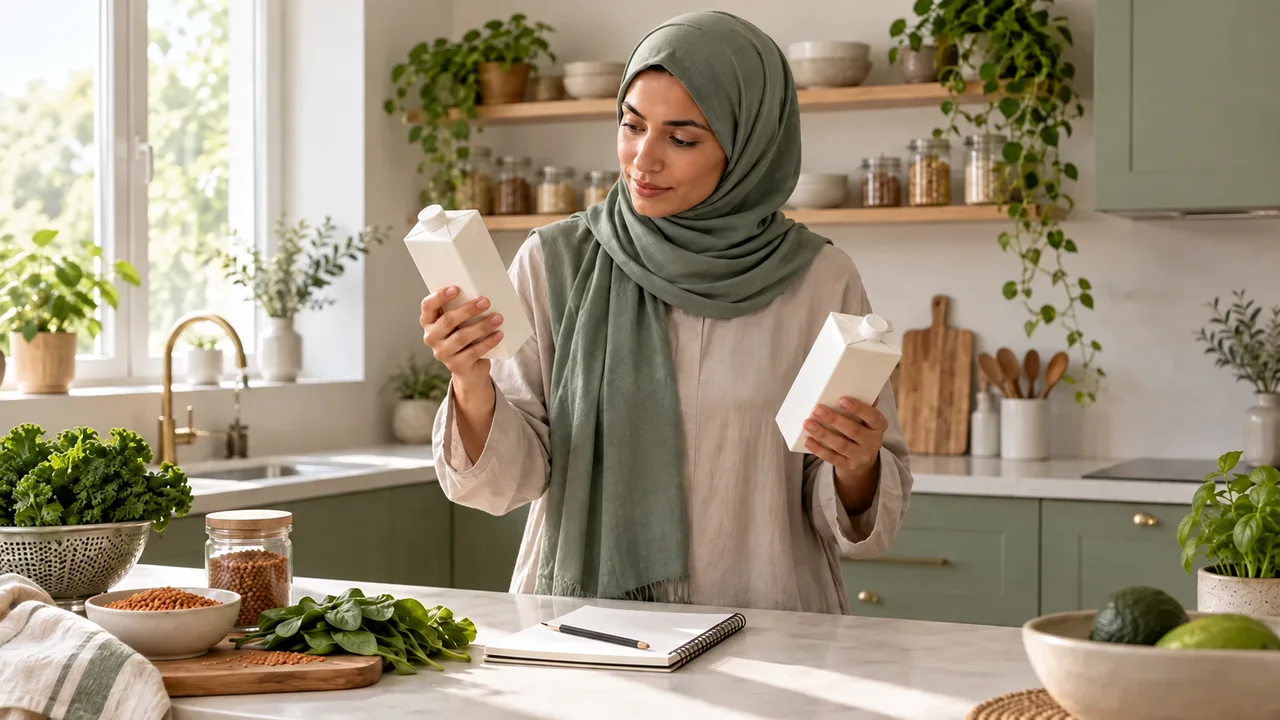 امرأة محجبة تقارن عبوتين نباتيتين بجانب دفتر على طاولة مطبخ مضاء طبيعياً