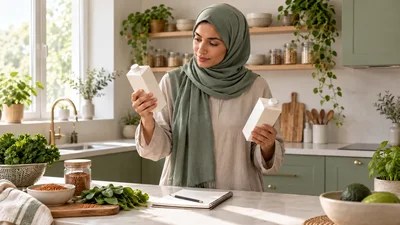 امرأة محجبة تقارن عبوتين نباتيتين بجانب دفتر على طاولة مطبخ مضاء طبيعياً