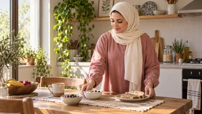 امرأة محجبة بملابس وردية محتشمة تضع وعاء لبن وخبزاً على طاولة مطبخ مضاء طبيعياً