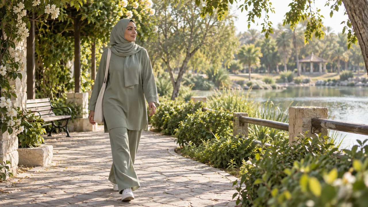 امرأة بملابس محتشمة تمشي بهدوء في حديقة خضراء ضمن روتين يومي