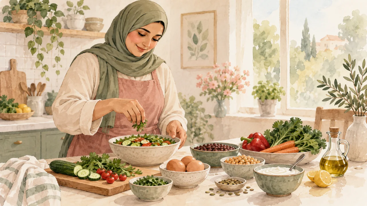 رسم مائي لامرأة محجبة تحضر وجبة متنوعة من البقول والبيض واللبن والخضراوات
