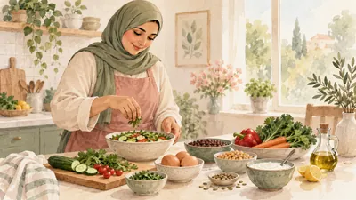 رسم مائي لامرأة محجبة تحضر وجبة متنوعة من البقول والبيض واللبن والخضراوات