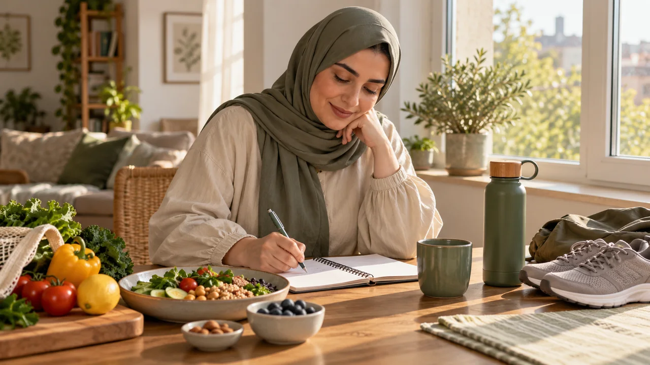 امرأة محجبة تخطط لوجباتها في دفتر قرب نافذة مضيئة وحذاء مشي على الأرض