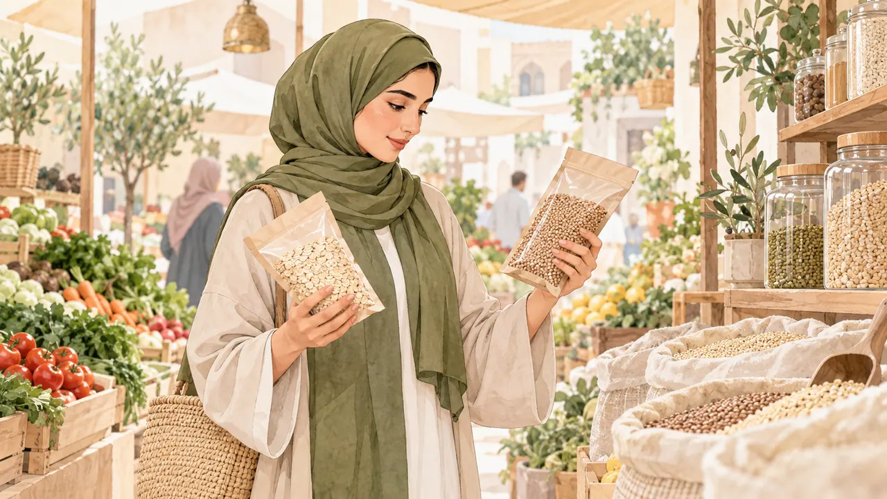 رسم مائي لامرأة محجبة تقارن عبوتين غير موسومتين من الحبوب في سوق هادئ